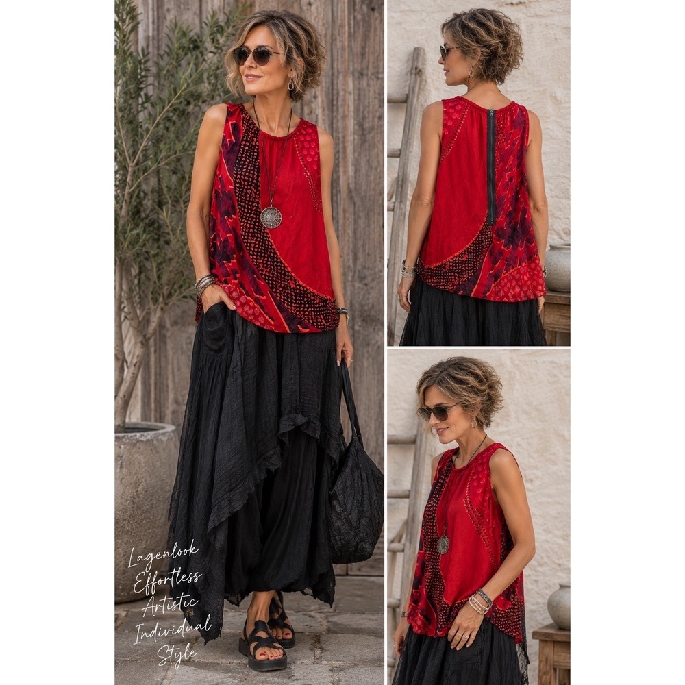 Cabi Red Mixed Print Sleeveless Silk Blend Blouse Back Zip Lagenlook Top M